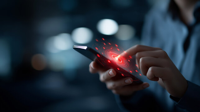 Cybersecurity system warning on mobile device faceless alert interface defocused threat indicators background potential data breaches visualization digital security risks hack