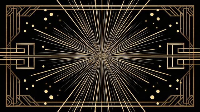 Elegant Gold Art Deco Background with Bursting Rays and Geometric Frame on Black, Vintage Style, Roaring Twenties Design