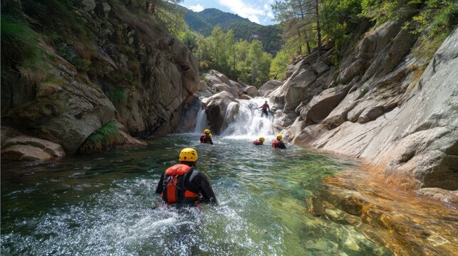 A group of canyoning enthusiasts navigates through a stunning river, swimming and climbing around rocky formations under a bright sky. Nature surrounds them, creating an unforgettable adventure.