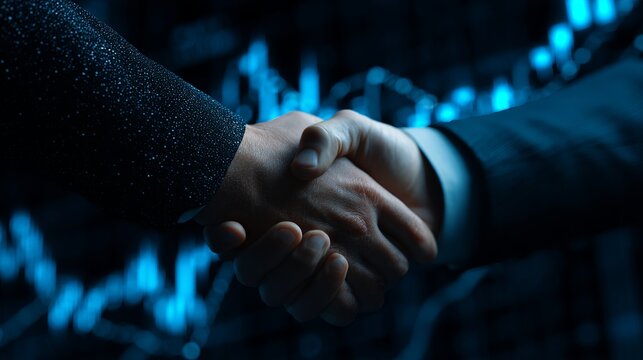 Successful partnership handshake with financial data background for corporate growth and business success, conveying trust and collaboration