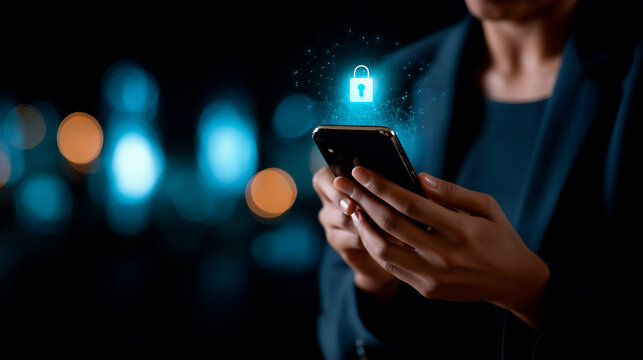 Faceless user holding smartphone with cybersecurity login interface defocused data protection icons background secure authentication system mobile security measures privacy pro