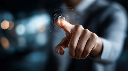 Faceless hand pointing to digital data protection interface defocused secure shield icon background network diagram visible cybersecurity dashboard cloud storage security