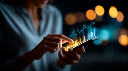 Business KPI and performance dashboard concept faceless smartphone display defocused data analytics background charts and metrics interface strategy visualization productivity