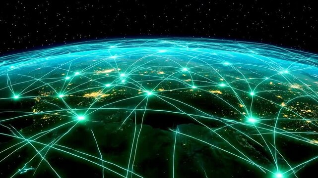 Conectividad digital global, red vibrante de comunicaci&oacute;n interconectada, vista cercana de la superficie de la Tierra con rayos de Internet