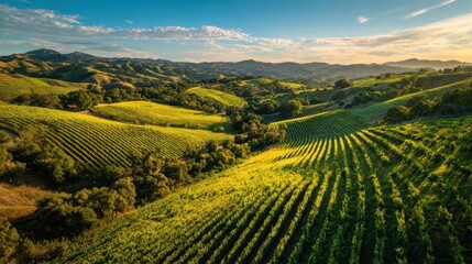 Lush vineyards stretch across hills as the sun sets painting the landscape in warm light.