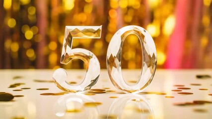 Golden 50th Anniversary Celebration: Sparkling Number Display with Confetti and Bokeh