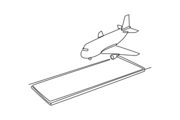 Runway of an airport with an airliner in the process of landing. Landing and take off plane concept. Single line draw design. Vector graphic illustration
