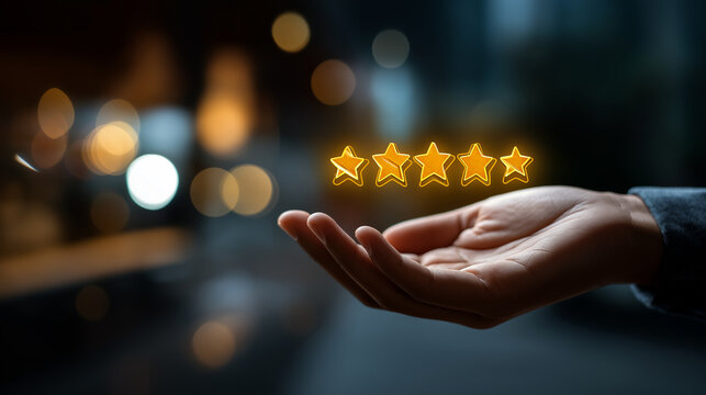 Customer satisfaction concept faceless hand holding five star smiley emoji defocused positive feedback background high rating visualization excellent service quality user