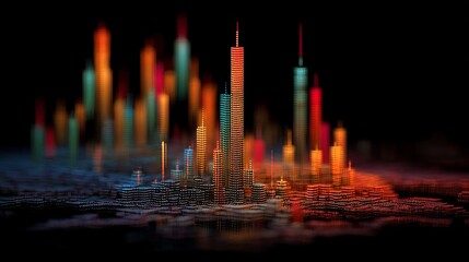 Dynamic abstract city skyline glows with futuristic energy and vibrant colors, ideal for tech, finance, or urban development projects