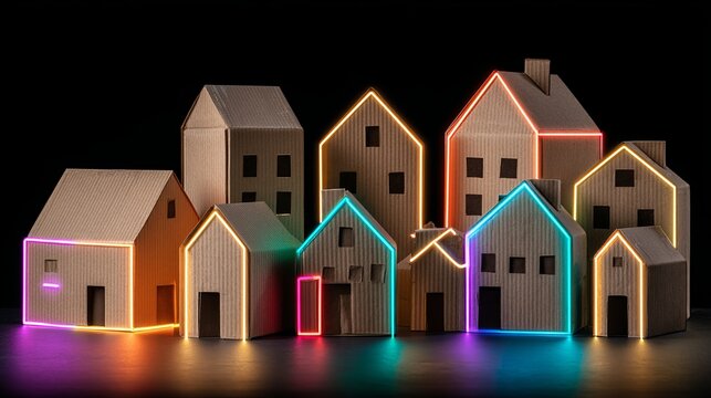 Vibrant glowing neon houses showcase modern real estate market trends and innovative home design ideas against a stark black background