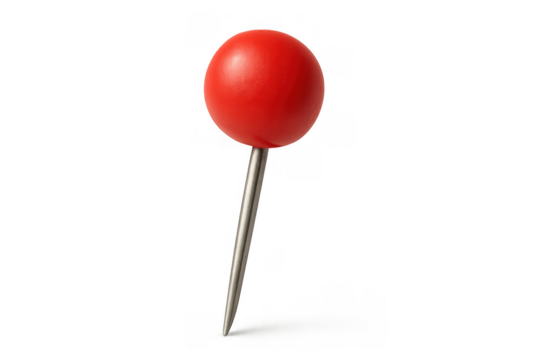 Red pushpin marking location, pointing place, finding target, and highlighting important information on a map or board