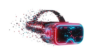 A dynamic, fragmented Virtual Reality Headset icon, composed of glowing RGB glitch patterns and pixel distortion, evoking a futuristic interface.