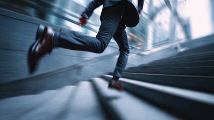 Fototapeta premium Urgent business professional running up stairs in a rush to succeed, conveying dynamic energy and ambition in fast paced corporate world