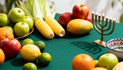 Kwanzaa celebration table with harvest fruits and vegetables. Still life with corn, apples, and a menorah for the holiday. Cultural tradition and abundance concept