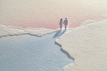 Romantic paper sculpture of two silhouettes walking together across a soft pastel textured landscape.