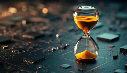 Hourglass with orange sand sits on computer circuit board. Represents time flow in modern technology world. Deadline, time pressure. Tech progress, microchips, digital components in hi tech industry.