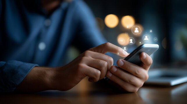 Faceless person using smartphone with social media icons defocused Reputation hologram background online reputation management interface customer feedback monitoring digital