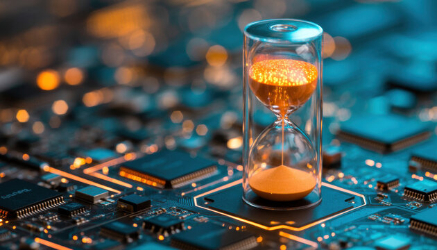 Hourglass with orange sand sits on computer circuit board. Represents time flow in modern technology world. Deadline, time pressure. Tech progress, microchips, digital components in hi tech industry.