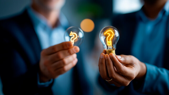 Faceless businessmen holding light bulbs with question mark icon defocused FAQ interface background problem and solution concept quiz system survey platform support knowledge