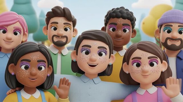 3D cartoon friends wearing glitter makeup, smiling and celebrating friendship outdoors