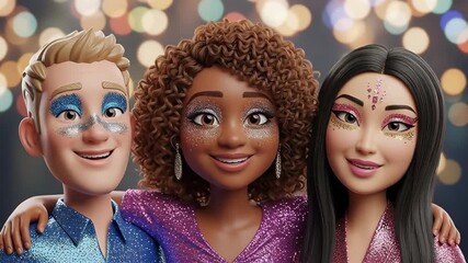 3D cartoon friends wearing glitter makeup celebrating joyfully against festive lights background