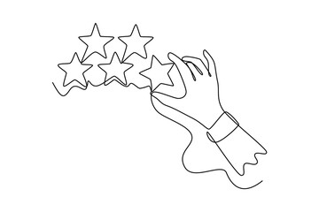 Best Excellent Services for Satisfaction present by Hand of Client giving a Five Star Rating. Product rating concept. Single line draw design. Vector graphic illustration