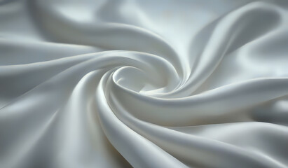 Obraz premium Elegant smooth white silk fabric in a spiral fold, creating soft waves and highlights. Luxurious satin texture with pearly silver tones, perfect for backgrounds, fashion, or interior design concepts.