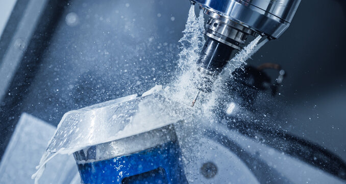 Concept modern technology for industry. Five axis CNC machining center cutting engine turbine