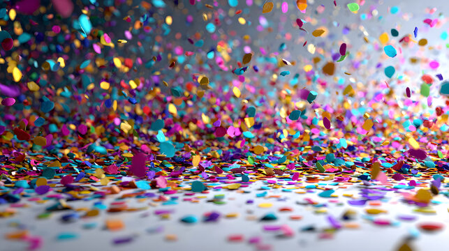 Multicolor confetti abstract background with a lot of falling pieces, isolated on a white background. Festive decorative tinsel element for design. 3d render