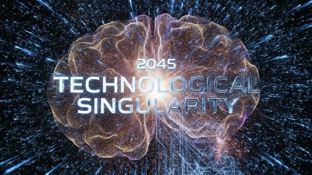 A digital brain made of glowing blue circuits pulses with energy before transforming into an organic particle cloud. The text '2045 Technological Singularity' appears, symbolizing the future of AI.