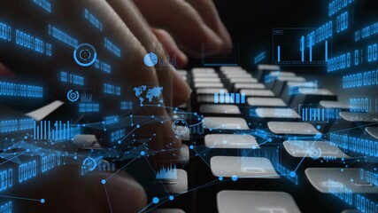 Close-up view of hands typing on a keyboard with an overlay of digital data visualization elements, representing the intersection of technology, analytics, and innovation. Xenic - Powered by Adobe