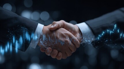 Confident business partners finalize deal with a firm handshake, symbolizing trust and future success amidst dynamic financial data visualizations