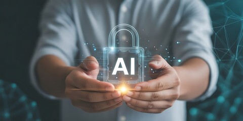 AI security and data protection concept. Businessman holding glowing padlock icon labeled AI. Symbolizing artificial intelligence safety, cybersecurity, privacy and digital protection.