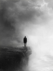 Silhouette of businessman standing on top of the mountain. Concept: solitude, depression. Portrait format.