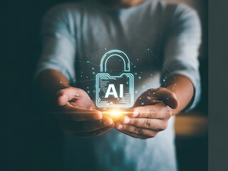 AI security and data protection concept. Businessman holding glowing padlock icon labeled AI. Symbolizing artificial intelligence safety, cybersecurity, privacy and digital protection.