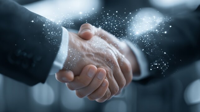 Dynamic business professionals sealing a global deal with a firm handshake over a digital network overlay, symbolizing international partnership and connectivity