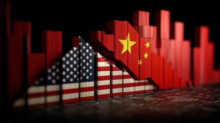 Dynamic economic chart visualizes US China trade war impact with descending bars and national flags creating dramatic geopolitical tension and financial uncertainty