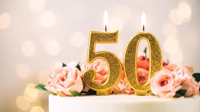 Golden 50th Birthday Celebration: Cake, Candles, and Floral Elegance