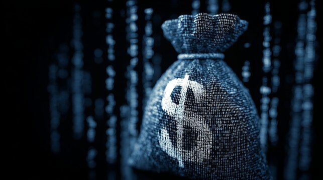 Secure digital currency bag with dollar symbol rendered in binary code against a dark, abstract tech background, symbolizing financial data and wealth.