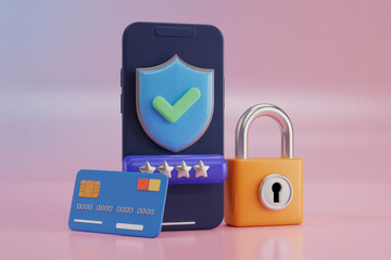 3D render smartphone, credit card, padlock symbolize digital security & online payment