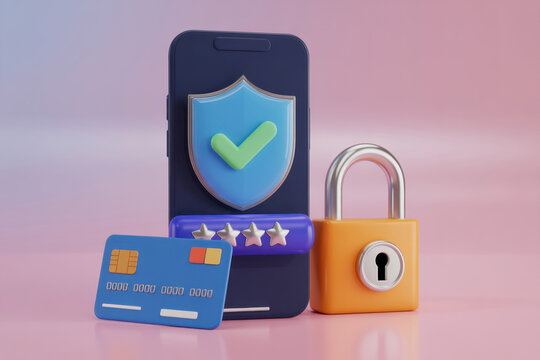 3D render smartphone, credit card, padlock symbolize digital security & online payment