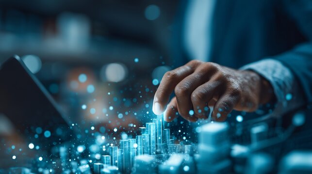 Dynamic strategist analyzing futuristic digital growth charts with glowing data points, visualizing business success and innovation in a modern, high-tech environment.