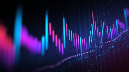 Dynamic stock market chart with vibrant blue and pink bars showing upward trend and financial data visualization in a futuristic digital interface