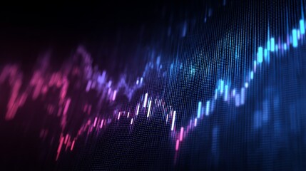 Dynamic stock market graph with vibrant blue and purple hues, showcasing upward trends and financial data visualization in a modern digital interface.