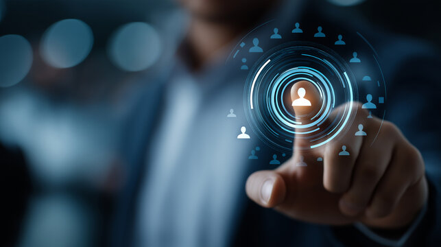 Digital marketing target concept faceless user selecting audience defocused virtual screen background business strategy interface customer segmentation tools personalization