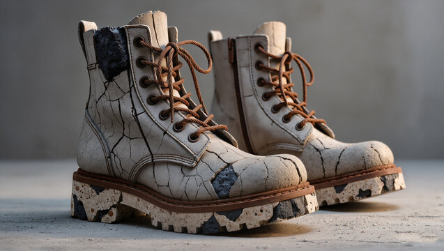 Brutalist men&rsquo;s boots sculpted from rough concrete with oxidized iron plates and basalt stone fragments