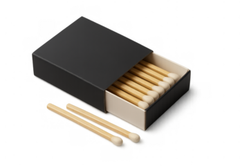 Black matchbox with wooden matches and blank heads, indicating potential for new ideas and design, transparent background