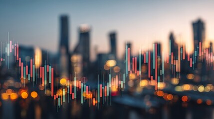Dynamic financial market graph overlays a blurred cityscape at dusk, symbolizing global economic growth and investment opportunities