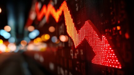 Dramatic red stock market graph plunges showing financial crisis and economic downturn with blurred city lights background