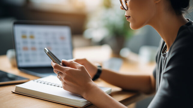 Faceless person using digital calendar to manage schedule defocused smart device interface background weekly task planning time management application productivity organization - Powered by Adobe